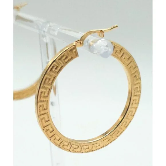 18K Gold-Plated Hoop Earrings With Greek Key Design Lightweight Elegant - Picture 2 of 5